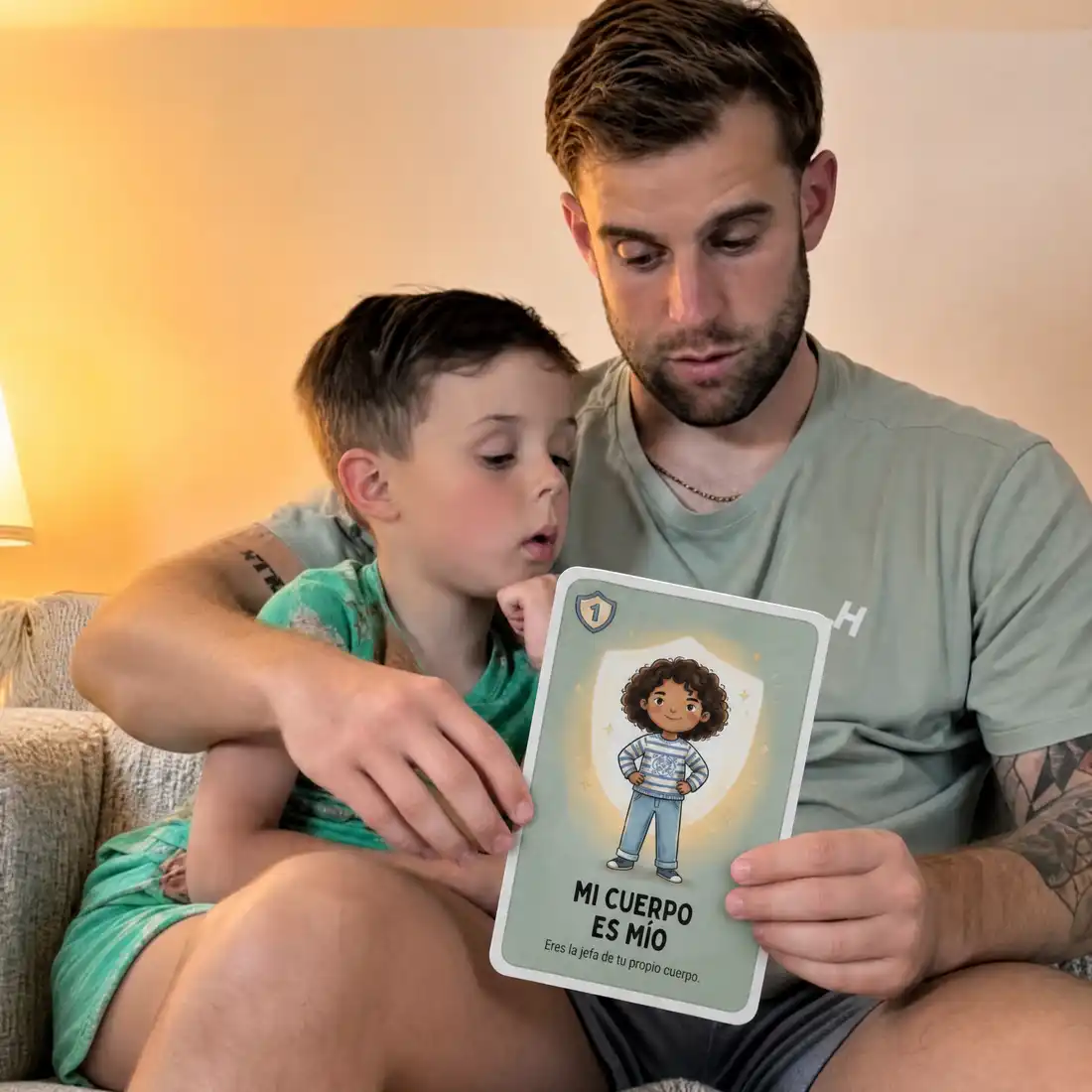 Papá e hijo sosteniendo las tarjetas de seguridad
